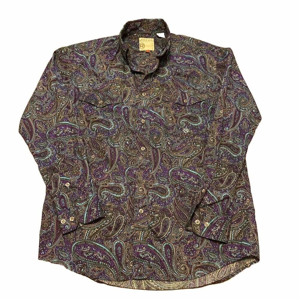 Roper Western Shirt Mens Sz Small Purple Blue Paisley Button Up Cowboy T-shirt